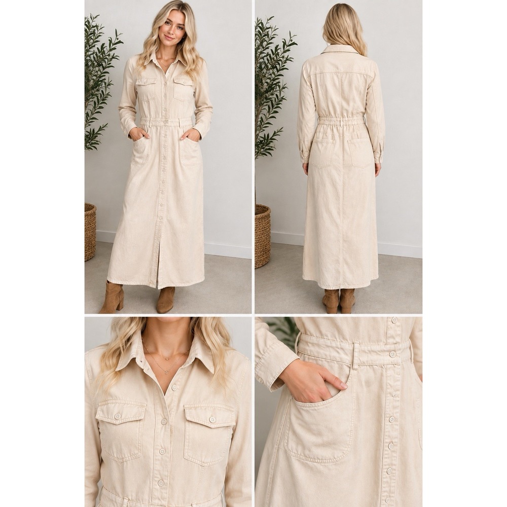 YFB Cream Utility Maxi Shirt Dress Long Sleeve Button Front Pockets Women's NWT